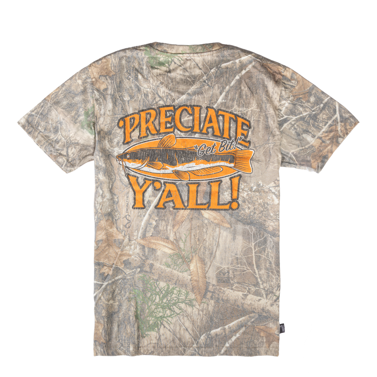A short-sleeve t-shirt with an all-over Realtree camouflage pattern, featuring a large orange and yellow graphic on the back with a fish and the text 'PRECIATE Y'ALL! Get Bit!