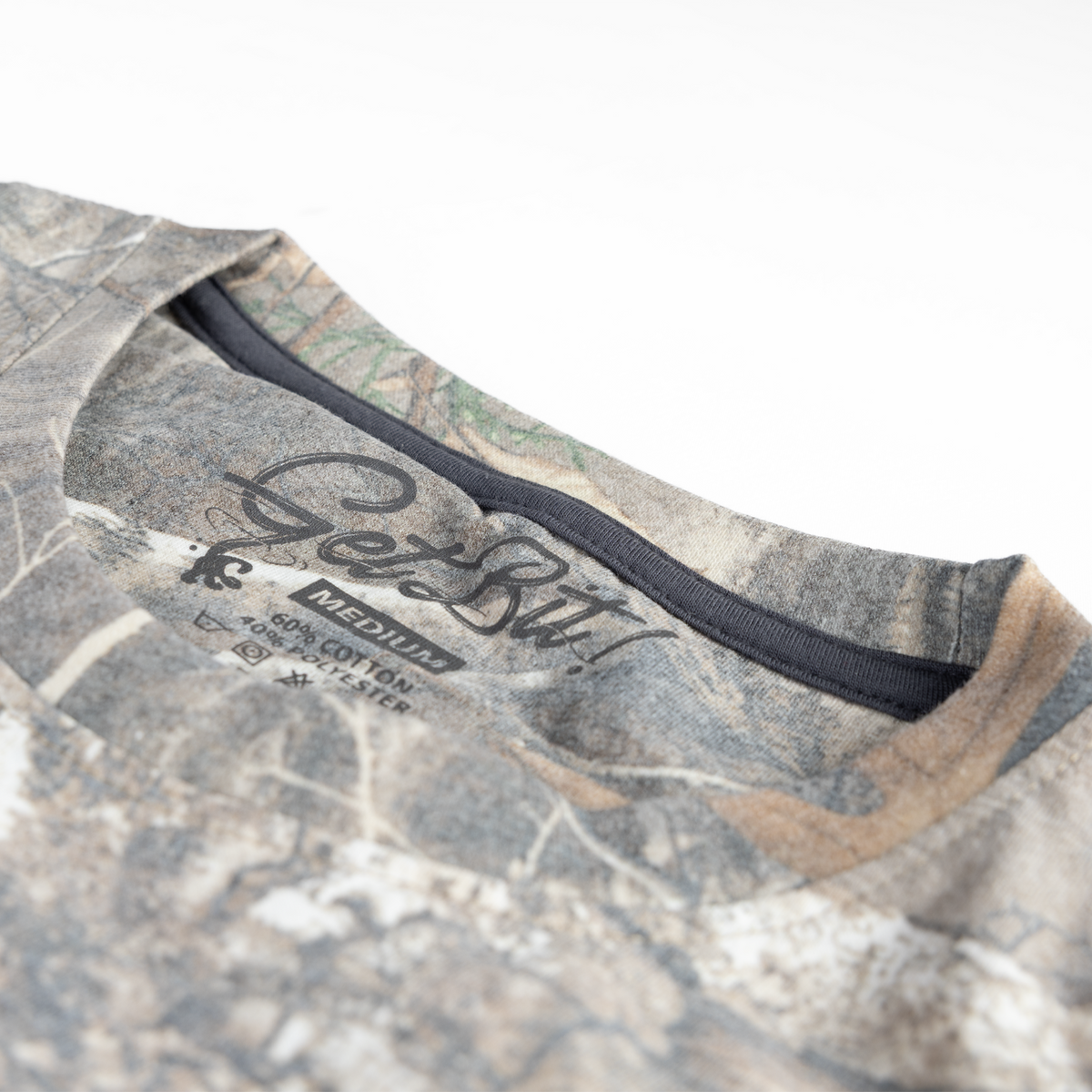 Closeup of inner neck of camo shirt with "Get Bit!" text