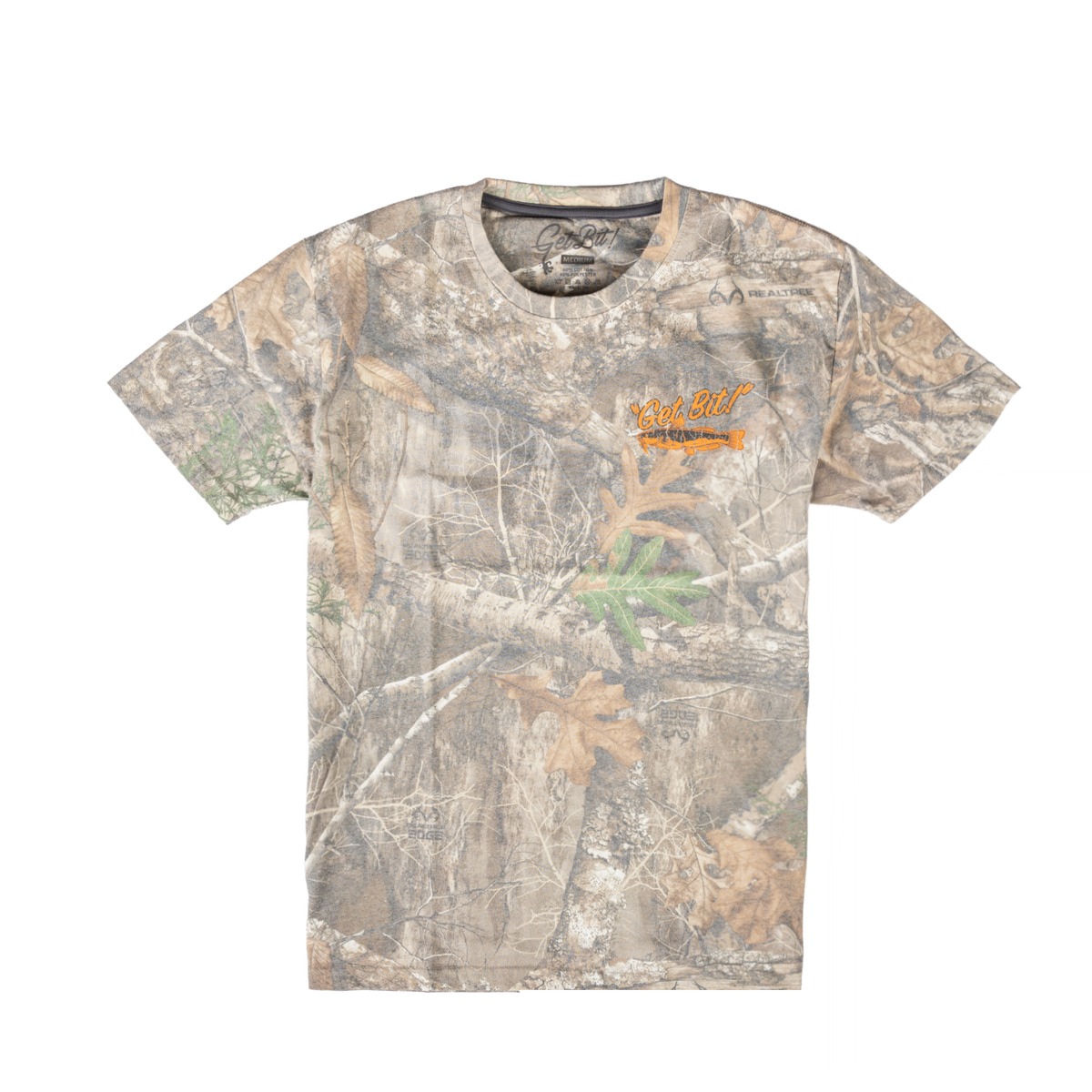 Short Sleeve camo shirt with fish graphic on left chest with text "Get Bit!"