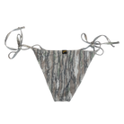 Camouflage-patterned bikini bottom with tie sides on a white background