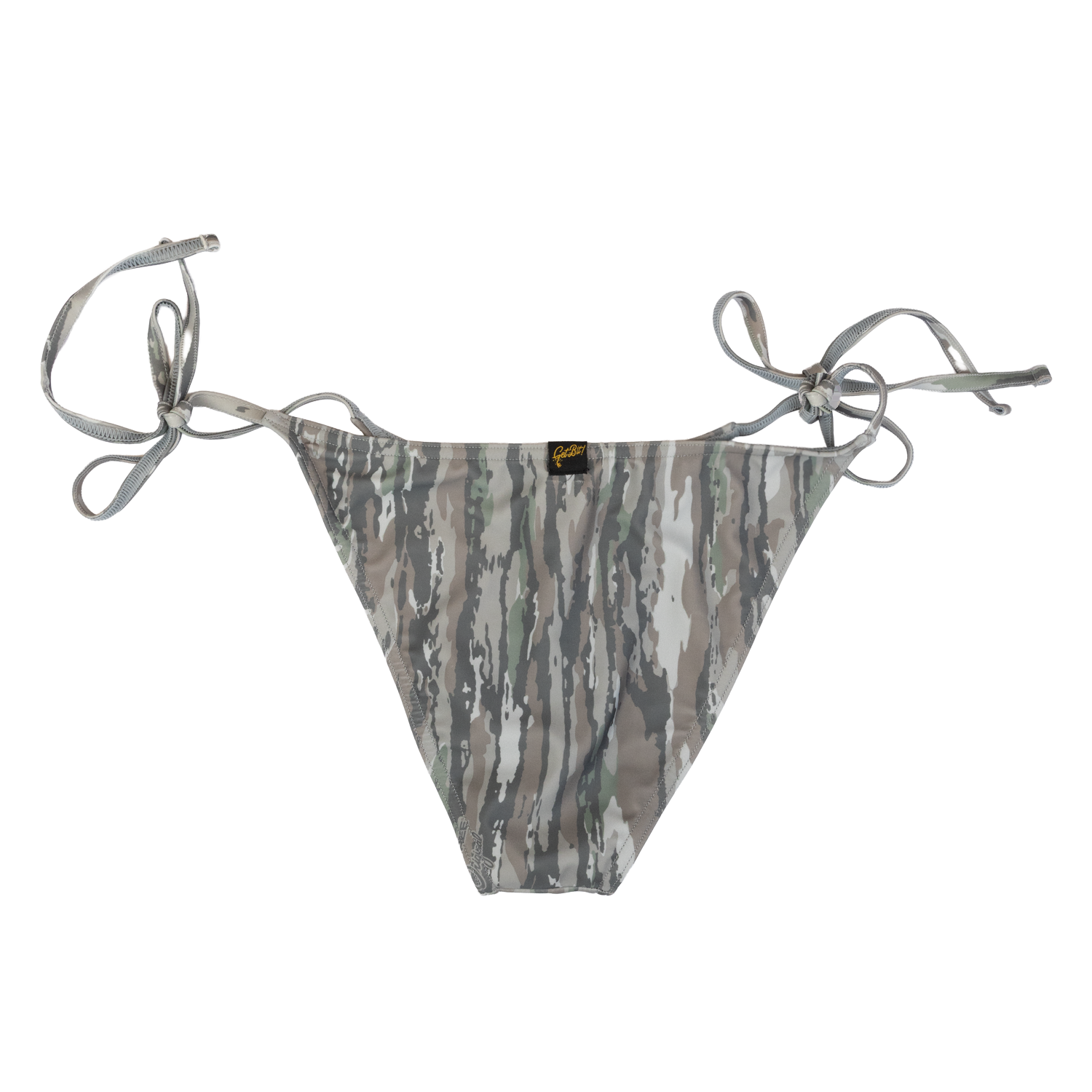 Camouflage-patterned bikini bottom with tie sides on a white background