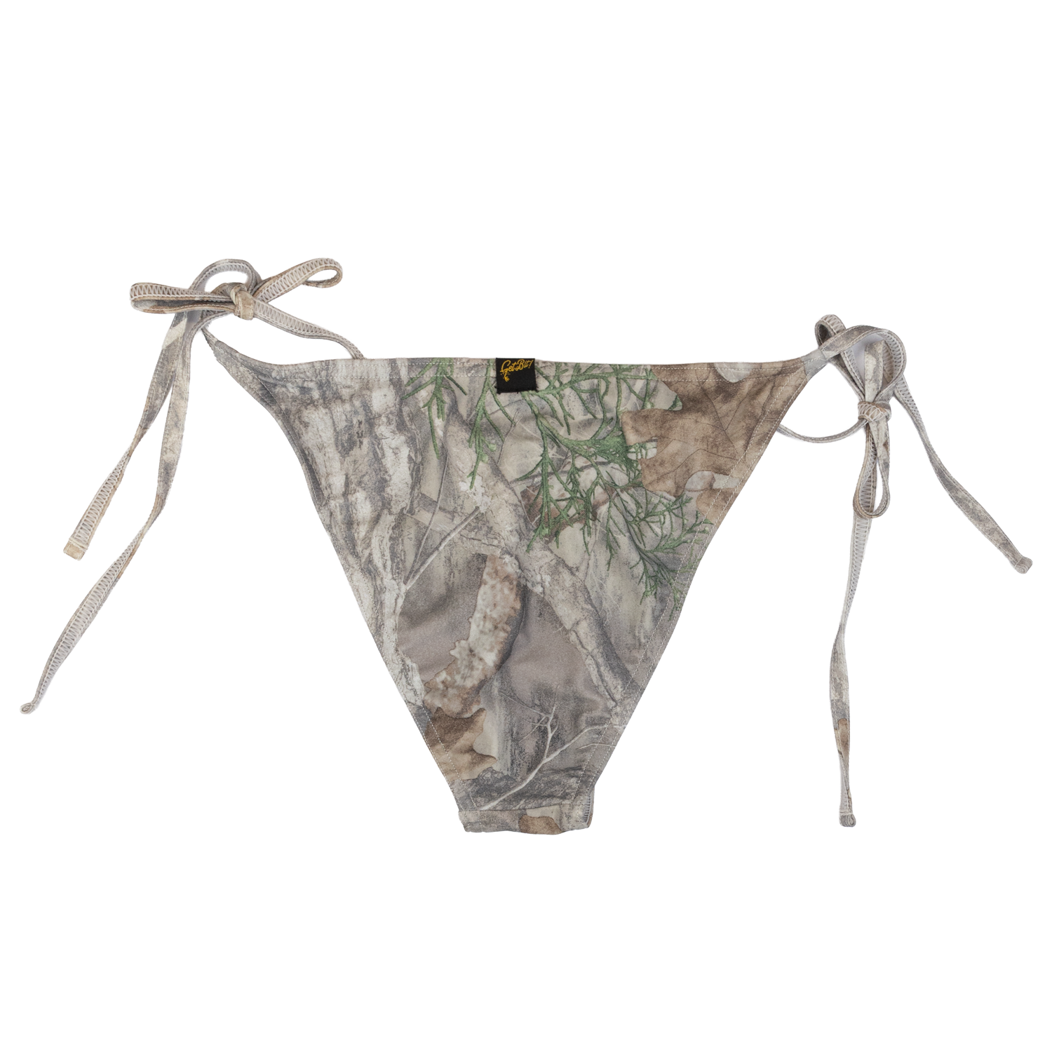 Camouflage bikini bottom with tie sides on a white background