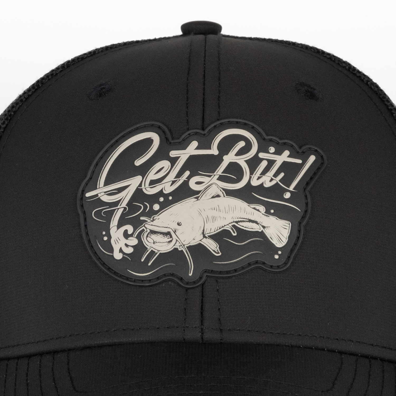 closeup of logo patch on Black "Get Bit!" hat