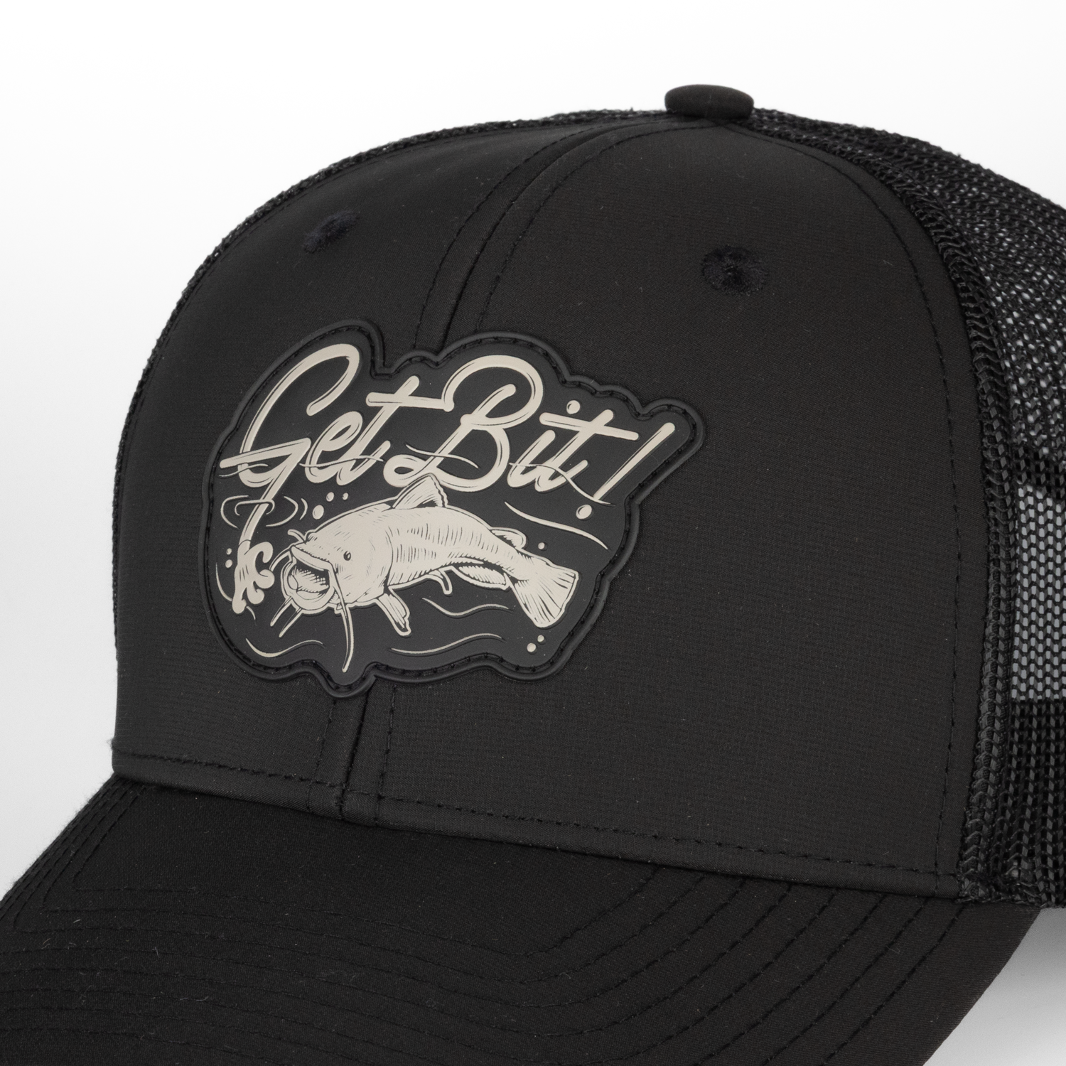 closeup of logo patch on Black "Get Bit!" hat
