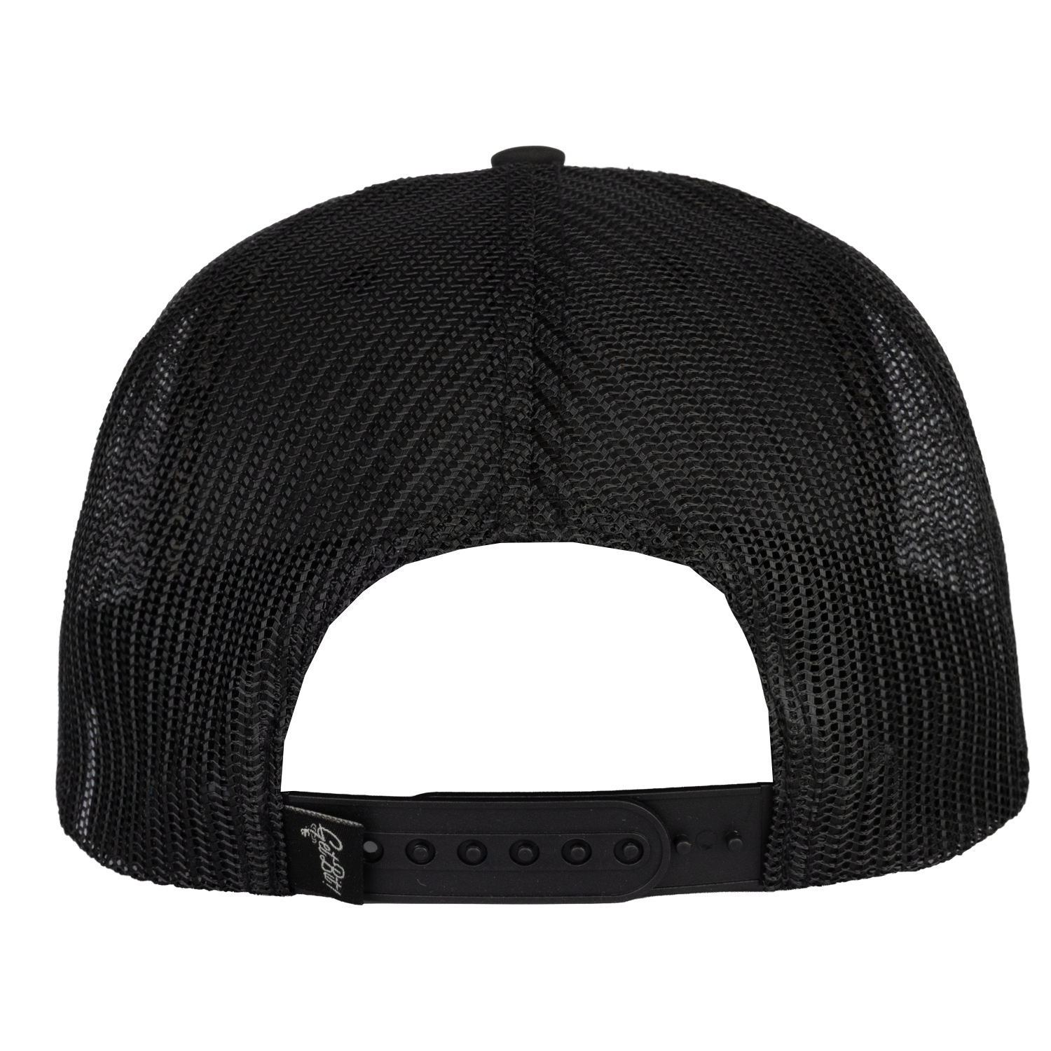 rear view of black meshback hat