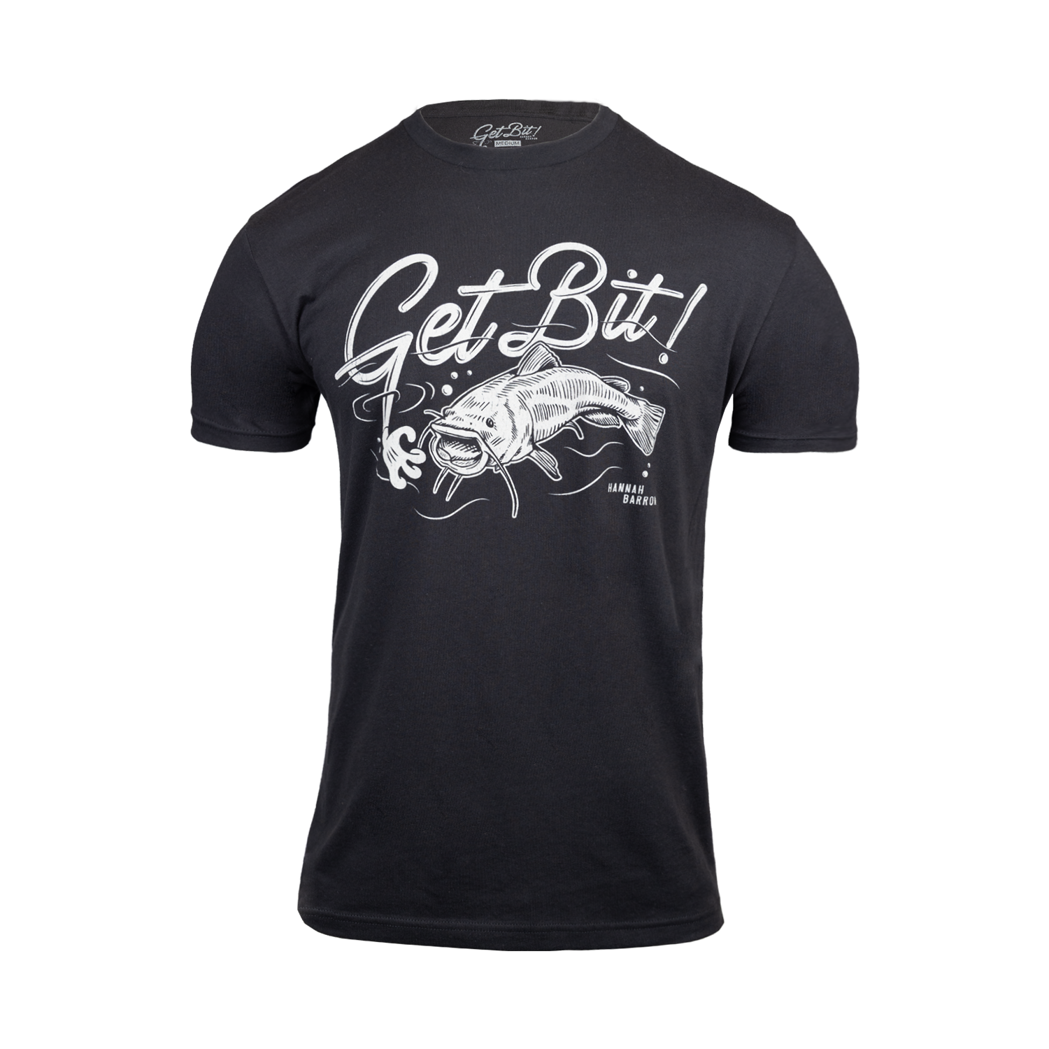 Black tee with "GET BIT!" logo
