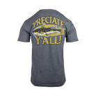 Rear view of charcoal t-shirt with yellow graphic of fish and "'PRECIATE Y'ALL!" text on a white background