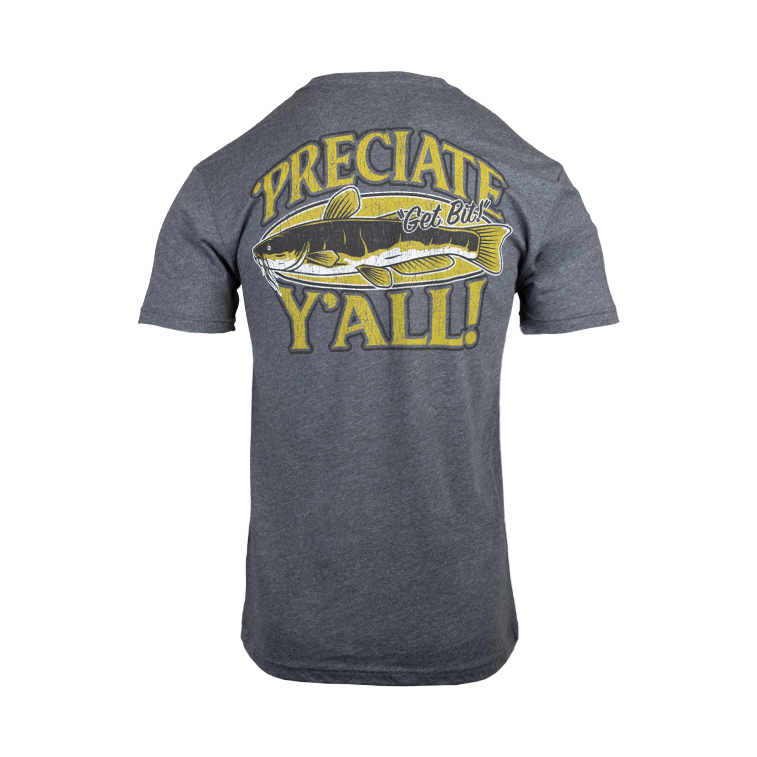 Rear view of charcoal t-shirt with yellow graphic of fish and "'PRECIATE Y'ALL!" text on a white background