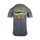 Rear view of charcoal t-shirt with yellow graphic of fish and "'PRECIATE Y'ALL!" text on a white background