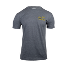 Charcoal t-shirt with yellow fish graphic and "GET BIT!" text on a white background