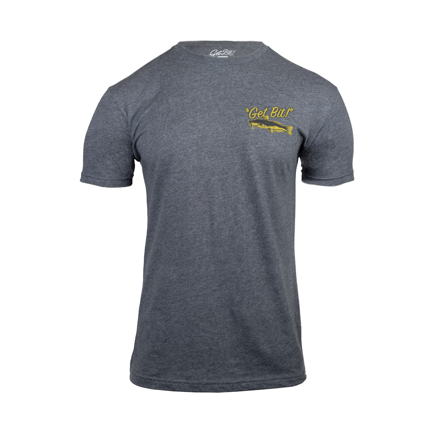 Charcoal t-shirt with yellow fish graphic and "GET BIT!" text on a white background