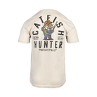 Rear view of cream tee with "CATFIH HUNTER" graphic on back