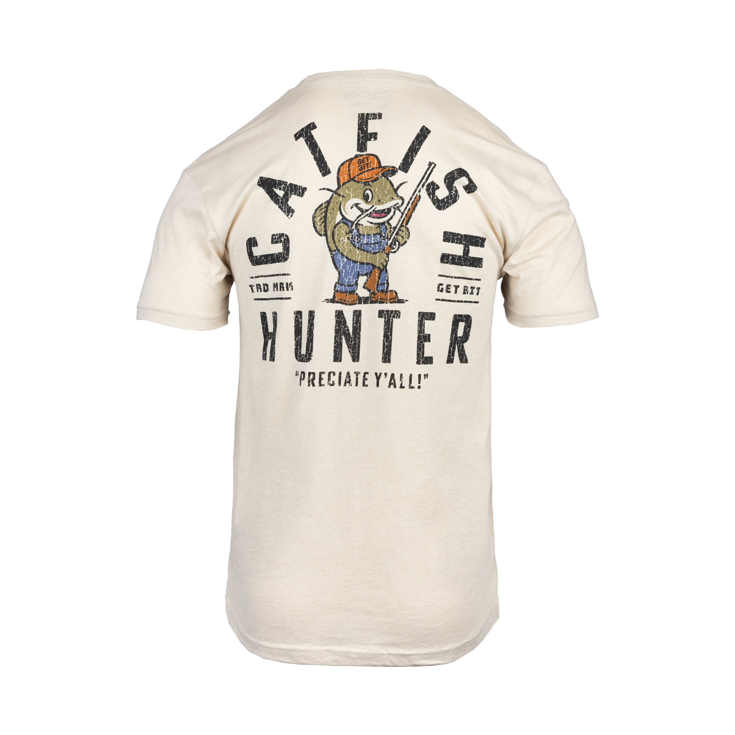 Rear view of cream tee with "CATFIH HUNTER" graphic on back