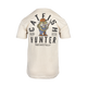 Rear view of cream tee with "CATFIH HUNTER" graphic on back
