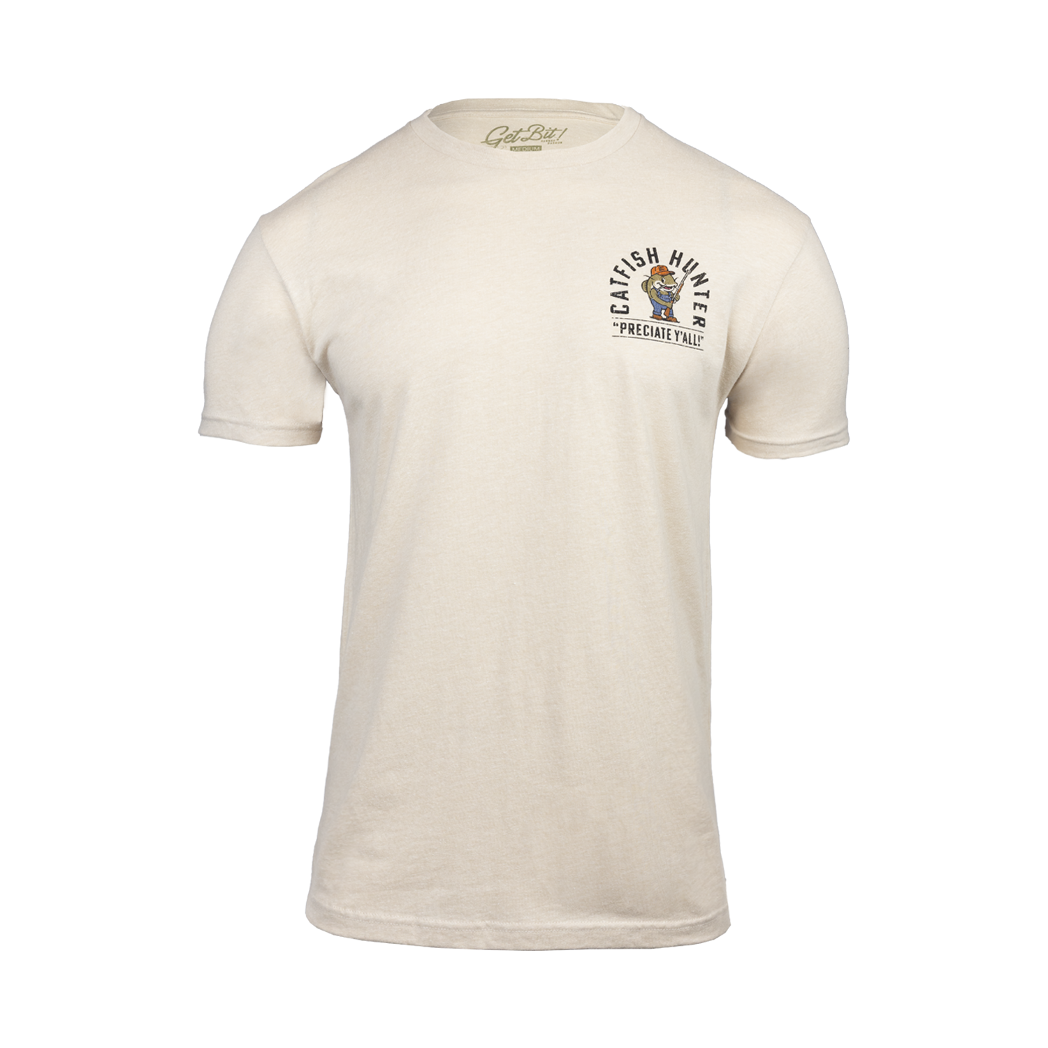 Cream tee with "CATFISH HUNTER" graphic on left chest