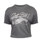 Dark grey crop tee with "GET BIT" fish logo on front