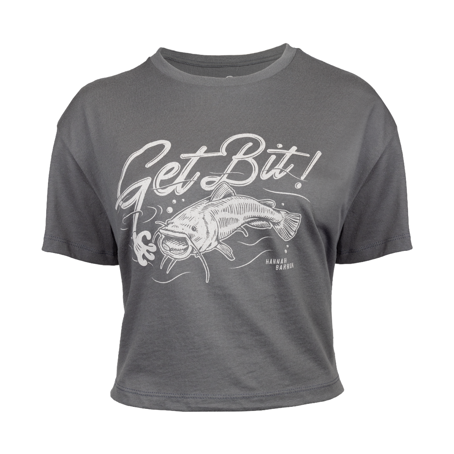 Dark grey crop tee with "GET BIT" fish logo on front