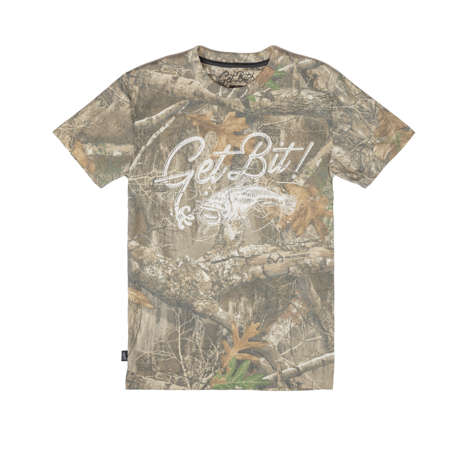 Camouflage t-shirt with 'Get Bit!' text on a white background
