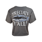 dark grey Preciate Y'all Crop Tee with fish graphic