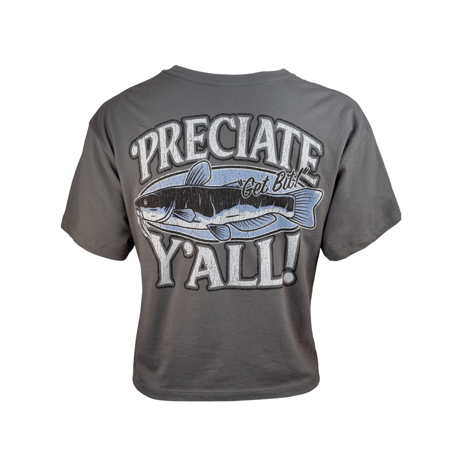 dark grey Preciate Y'all Crop Tee with fish graphic