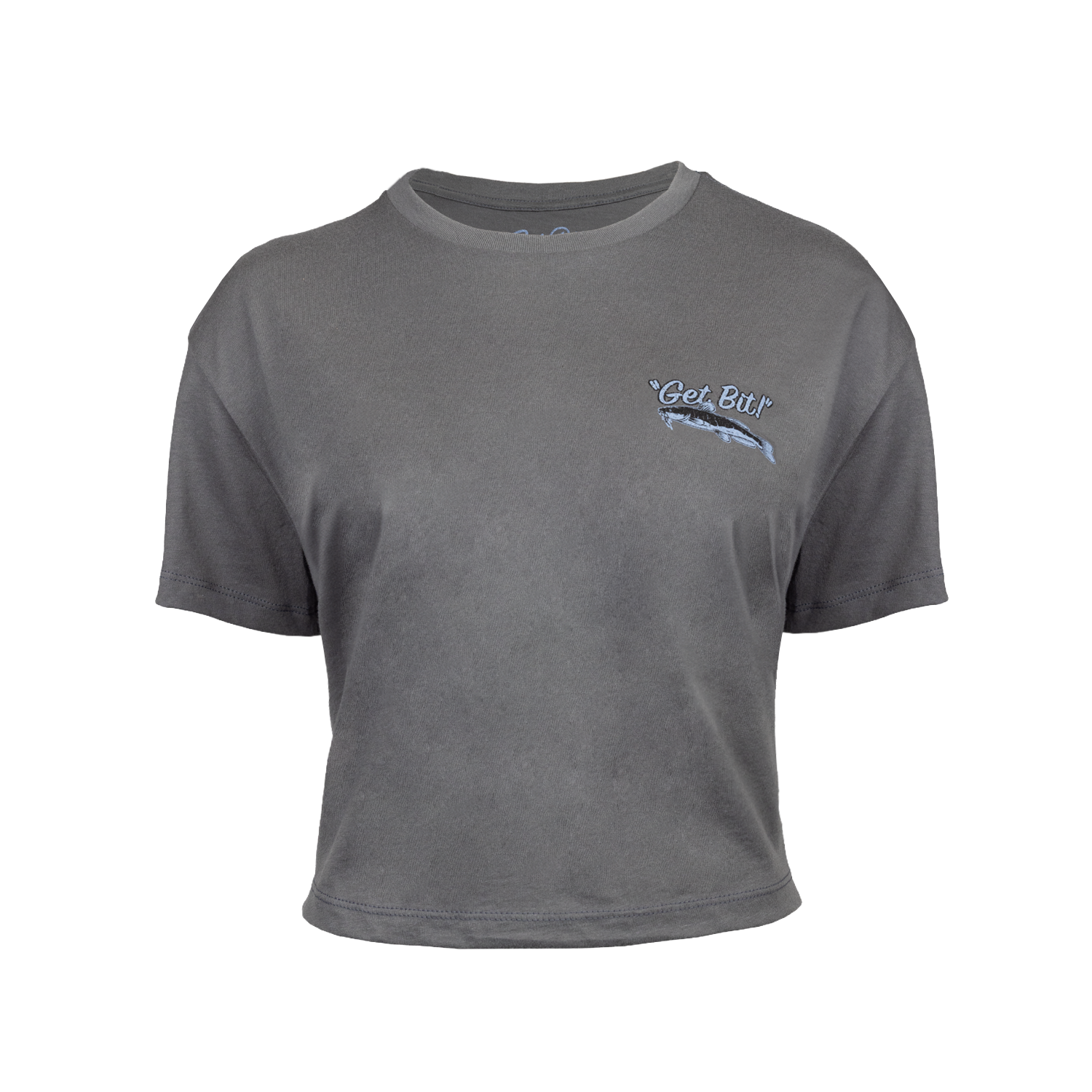 dark grey crop tee with fish and "GET BIT!" text on left chest