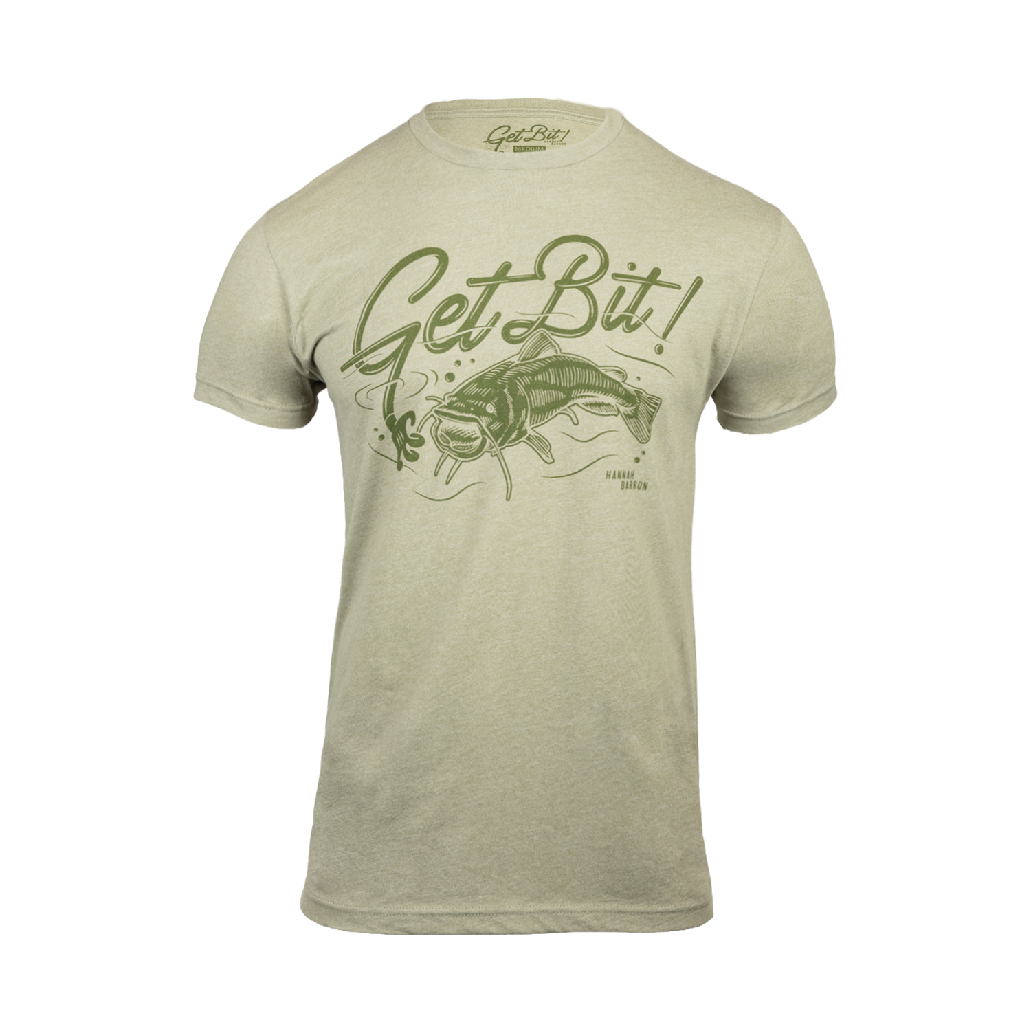 Light olive shirt with "GET BIT!" logo on front