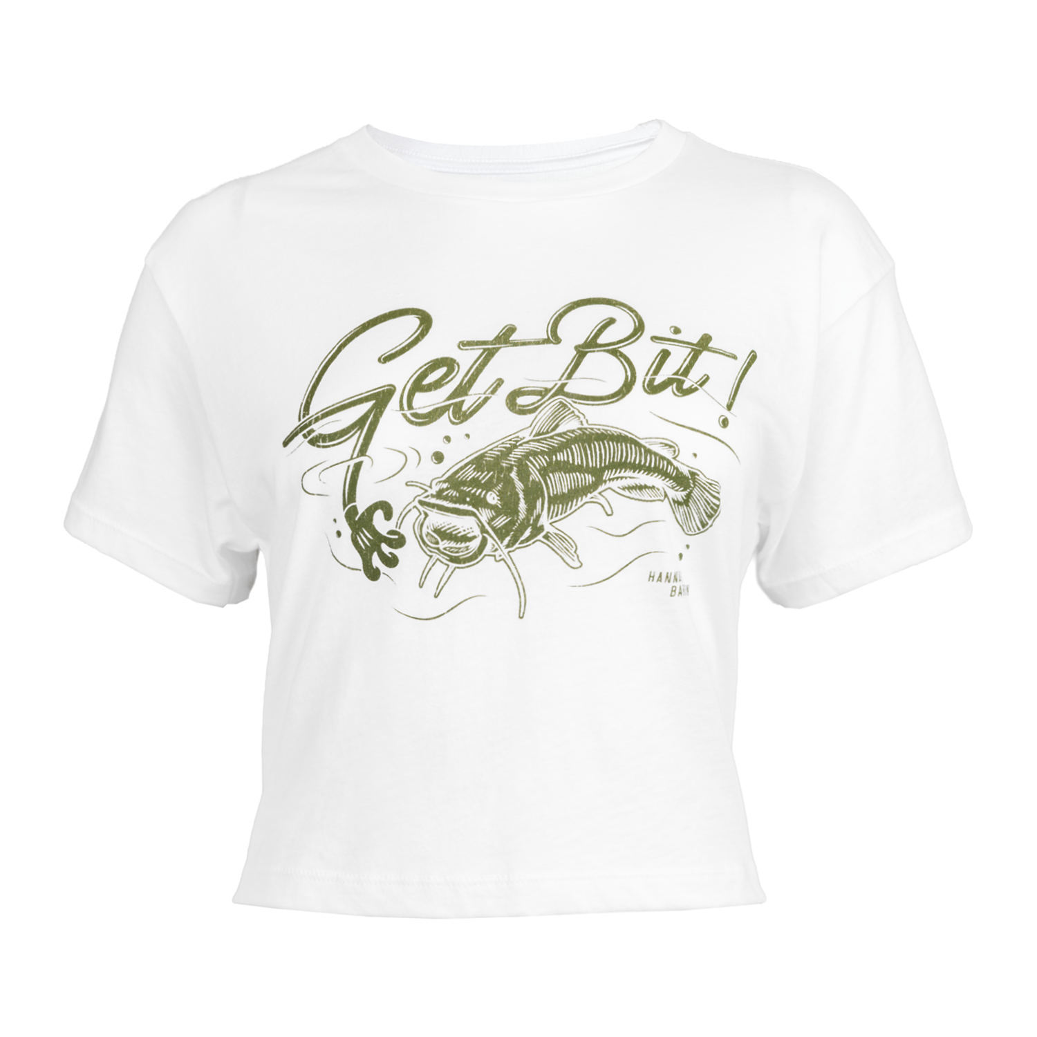 White Crop tee with "GET BIT" fish logo on front