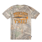 A short-sleeve t-shirt with an all-over Realtree camouflage pattern, featuring a large orange and yellow graphic on the back with a fish and the text 'PRECIATE Y'ALL! Get Bit!
