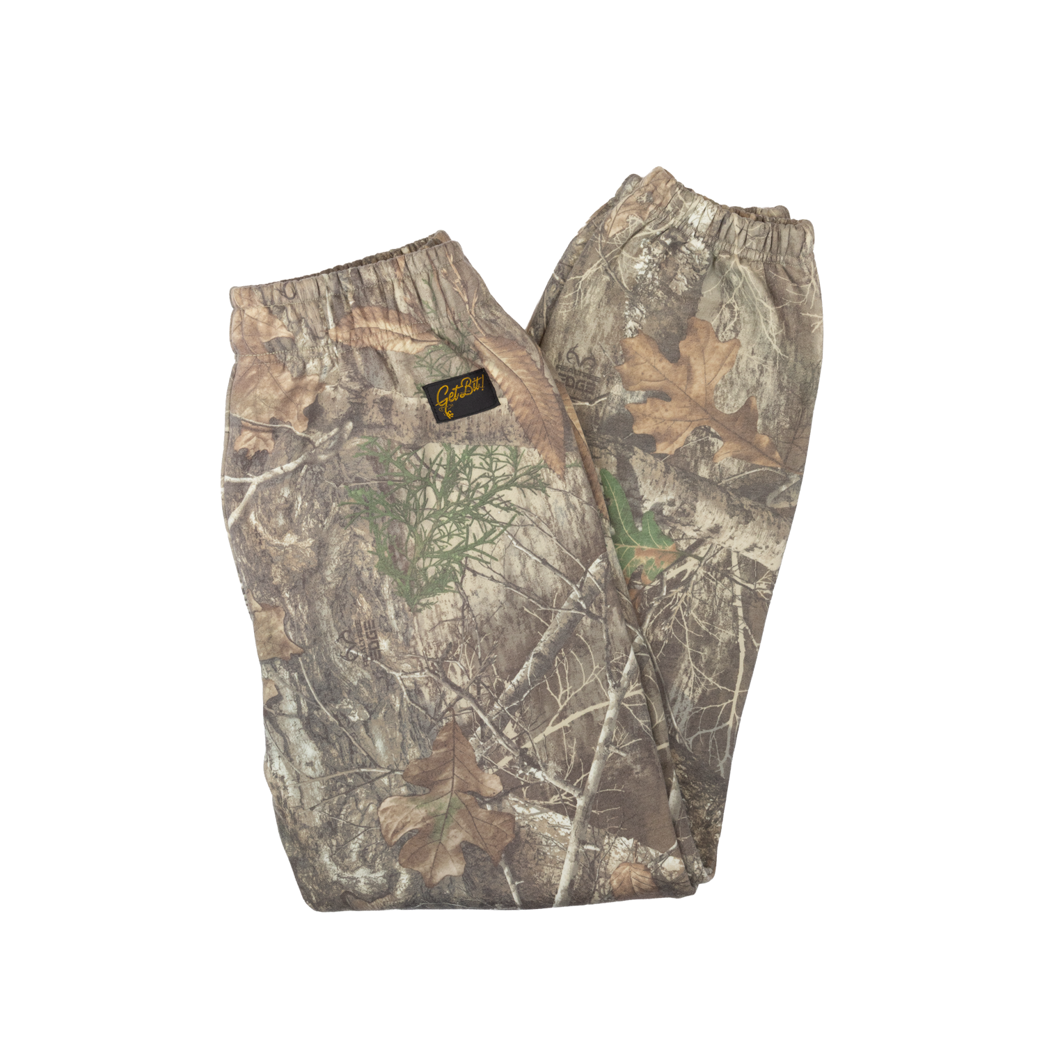 Camouflage pants with a "Get Bit!" logo on a white background