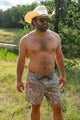 Man wearing camo swim trunks