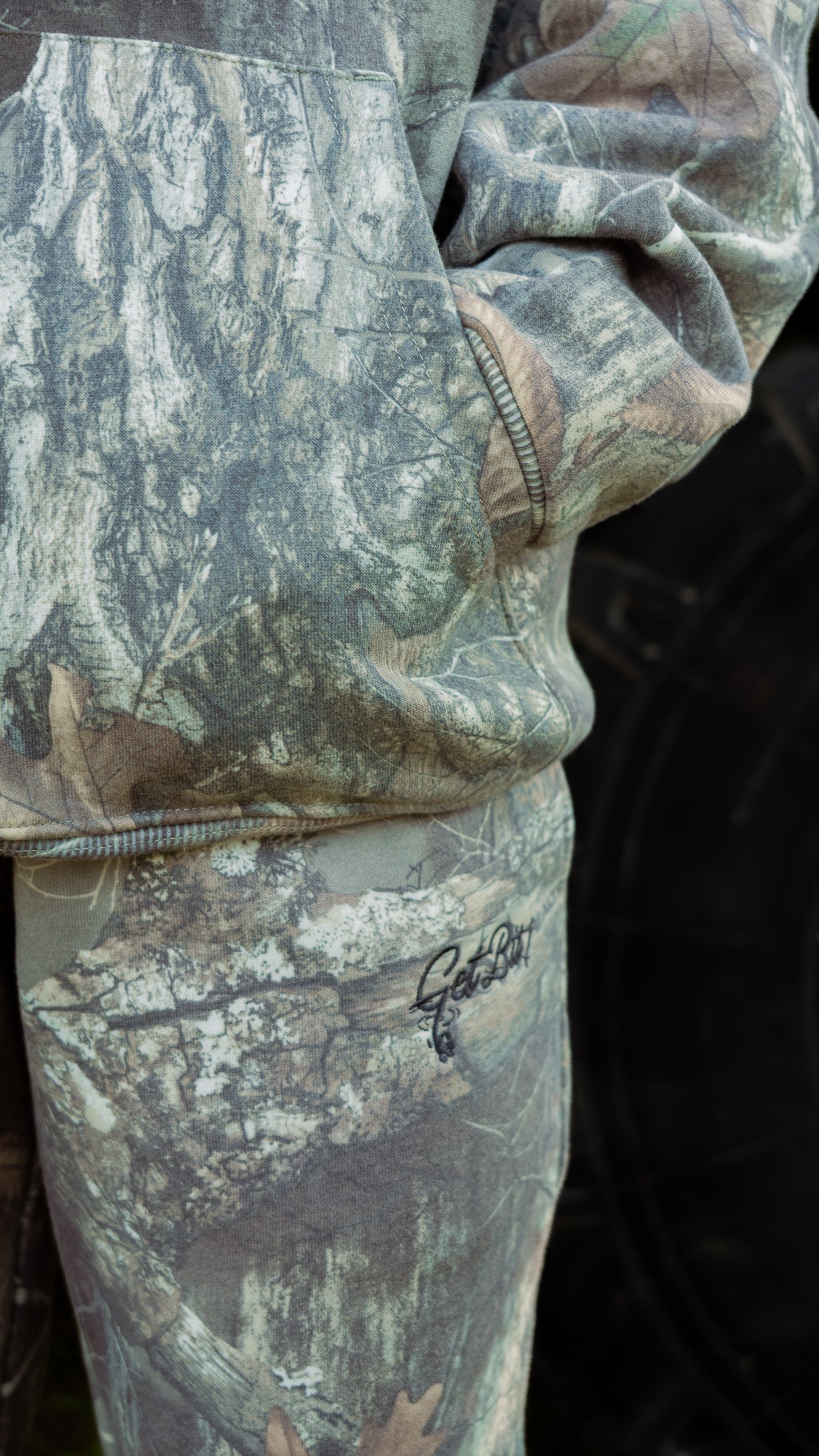 Camouflage sweatpants on a white background showing "GET BIT" text