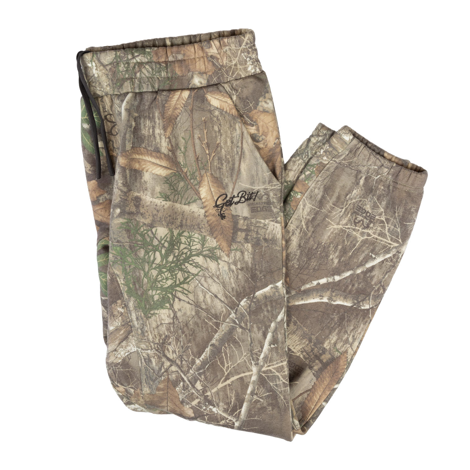 Camouflage pants with a "GET BIT" brand logo on a white background