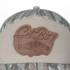 Closeup of "Get Bit!" patch on camo hat