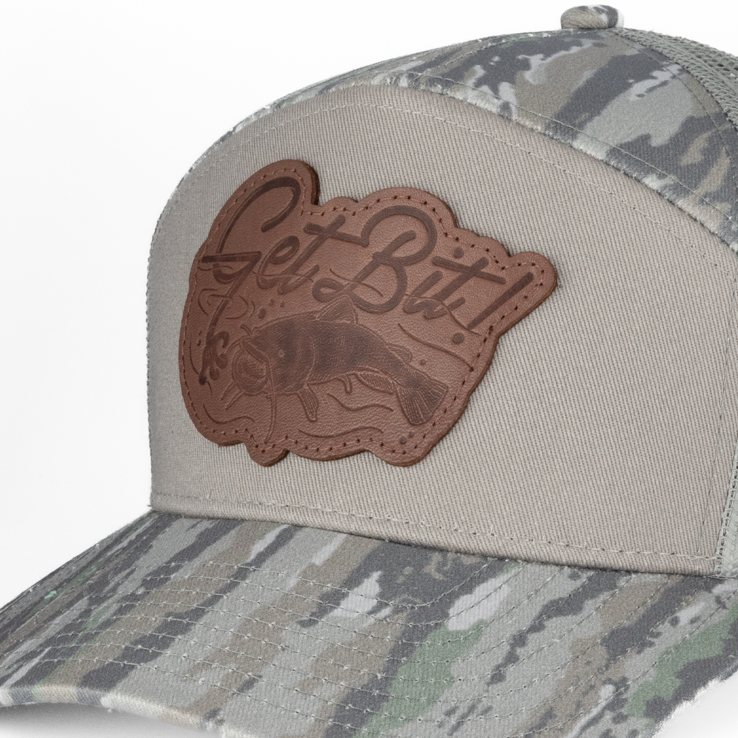 Camouflage cap with a brown patch displaying 'Get Bit!' on a white background