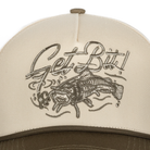 closeup of get bit logo on Natural/Olive hat 