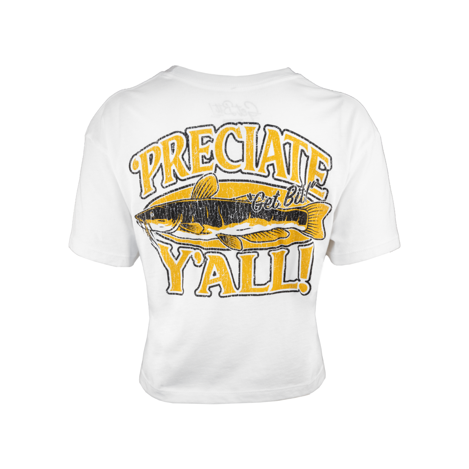 White t-shirt with Fish graphic and "'PRECIATE Y'ALL" text on a white background
