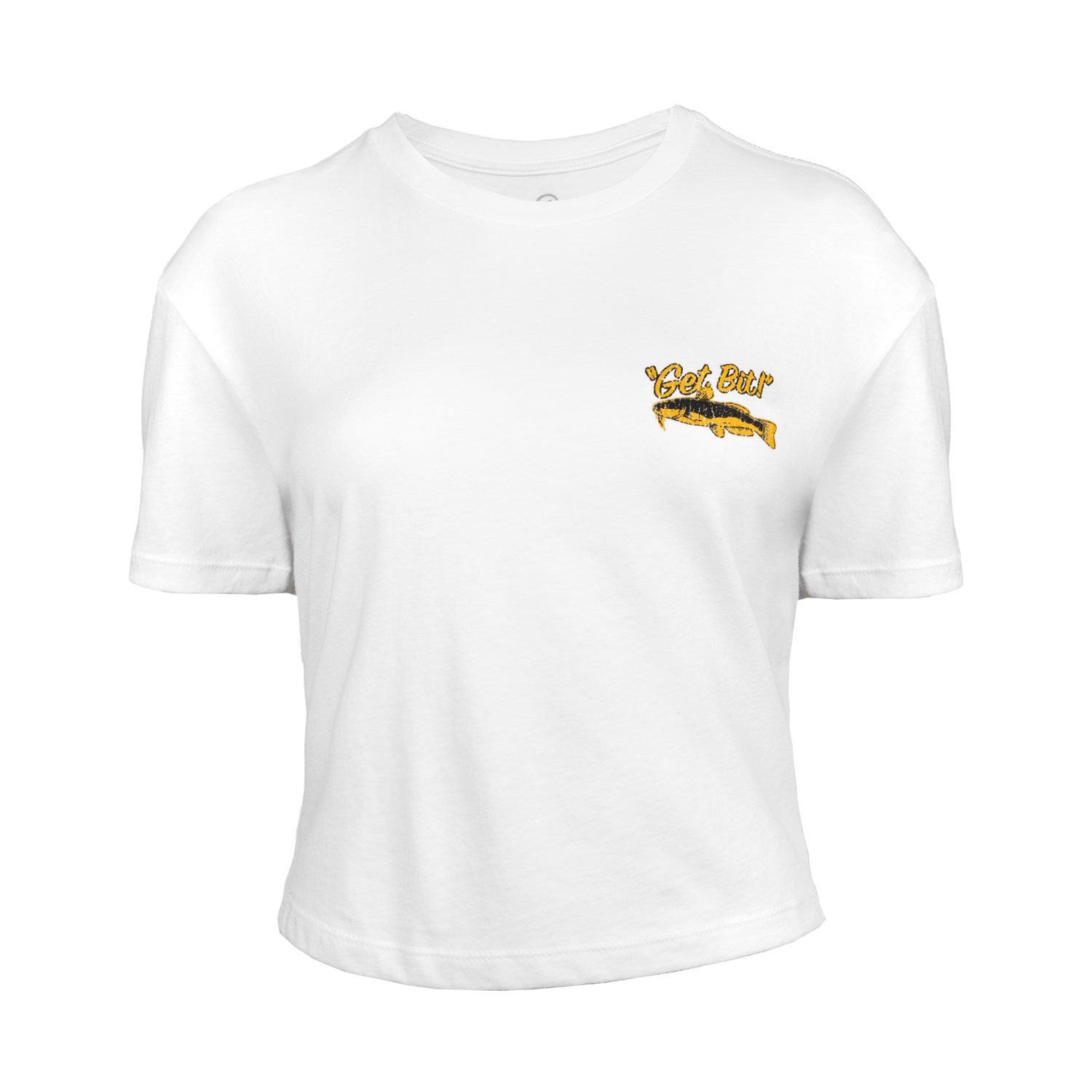 White crop tee with fish and "GET BIT!" text on left chest